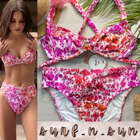 PilyQ 🌸 PQ Swim 🌸 Halter Floral Underwire Bikini Top | High Rise Cheeky Bottom - Picture 1 of 10